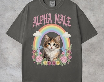 Alpha Male Cat Comfort Colors® Shirt Cute Rainbow Floral Kitty Tee Aesthetic Kitten Lover Sarcastic TShirt Cottagecore Cat Lover T-Shirt