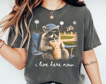 Baseball Comfort Colors Shirt Funny Baseball Mom Raccoon Softball I Live Here Tee Coffee Ballpark Game Day Fan TShirt Vintage Sports T-Shirt