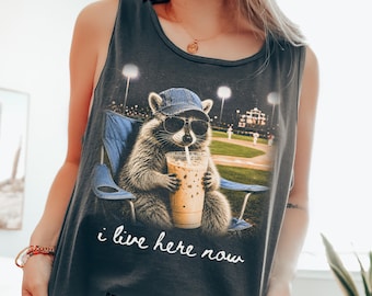 Baseball Comfort Colors Tank Top Funny Baseball Mom Raccoon Softball I Live Here Tee Coffee Ballpark Game Day Fan Tank Vintage Sports Top