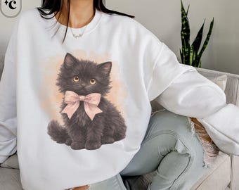Black Cat Sweatshirt, Coquette Bow Sweater, Kitten Crewneck