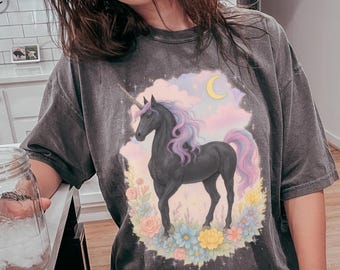 Black Unicorn T-Shirt: Comfort Colors Celestial Pastel Tee