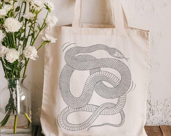 Boho Tote Bag, Snake Tote Bag, Yoga Tote Bag, Snake Lover Gift, Mystical Gift Bag, Reusable Cotton Shopping Bag, Trendy Celestial Tote Bag