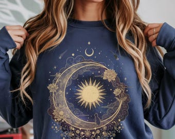 Celestial Cat Moon Sweatshirt, Sun and Moon Crewneck, Cosmic Garden Pullover, Witchy Lunar Phase Sweatshirt, Vintage Gold Stars Sweater