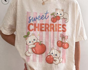 Cherry Shirt, Coquette Kawaii Cat Tee, Summer Fruit Graphic on Comfort Colors