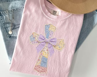 Christian Comfort Colors T-Shirt Faux Patchwork Quilted Print Shirt Cross Bible Study Faith Tshirt Jesus Faith Believer Gift For Christian