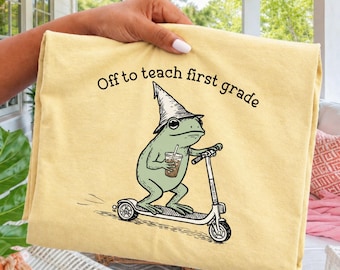 Comfort Colors® First Grade Shirt 1st Grade Teacher Back to School T-shirt Silly Off To Teach Frog Iced Coffee Tee Cute Elementary Teacher