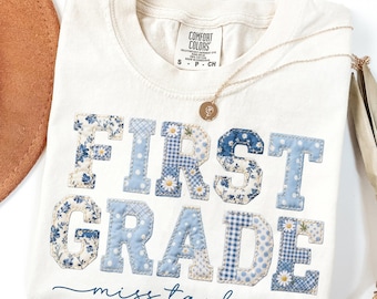 Comfort Colors® First Grade Teacher Shirt 1st Grade Matching Group T-Shirt Floral Blue Faux Patchwork Educator Back to School Team Tee