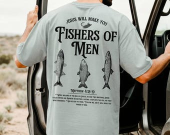 Comfort Colors Fishers of Men Shirt Matthew 4:18-19 Christian Fishing Tee Men's Bible Verse TShirt Outdoor Fisherman Fathers Day T-Shirt