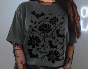 Comfort Colors Garden Bat T-shirt: Dark Cottagecore Floral Goth Tee
