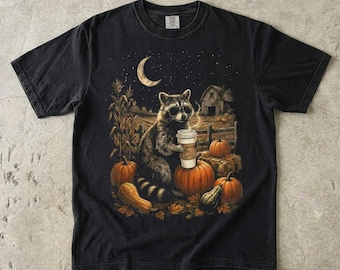 Comfort Colors® Pumpkin Shirt Halloween Raccoon Spooky Season Tee Vintage Autumn I Live Here Now T-Shirt Pumpkin Spice Latte Coffee Shirt