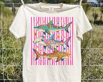 Comfort Colors® Shark Shirt Aesthetic Tropical Ocean Graphic Tee Bright Marine Life Coastal TShirt Summer Beach Shark Week Lover T-Shirt