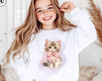 Coquette Kitten Youth Sweatshirt, Pink Bow Cat Sweater for Girls, Cute Pastel Crewneck