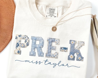 Custom Comfort Colors® Pre-K Teacher Shirt Preschool Grade Matching Group T-Shirt Floral Blue Faux Patchwork Educator Back to School Tee