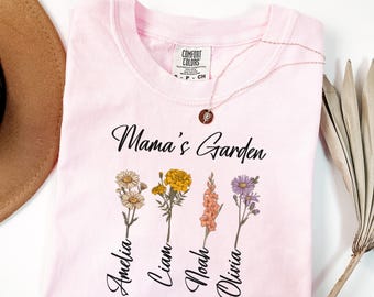 Custom Mama Garden Comfort Colors Shirt Personalized Childrens Names Birth Month Flower Tee Mom Gift for Mothers Day T-Shirt From Kids