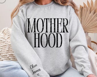 Custom Mom Sweatshirt, Personalized Kids Names on Sleeve, Mother Hood Crewneck, Cool Mom Gift
