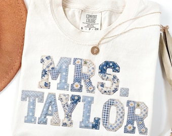 Custom Teacher Name Comfort Colors® Shirt Kindergarten Teacher T-shirt First Day 1st Grade Matching TShirt Floral Blue Faux Patchwork Tee