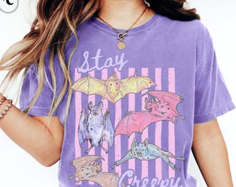 Cute Bat Shirt, Pastel Halloween Tee, Spooky Season Graphic on Comfort Colors