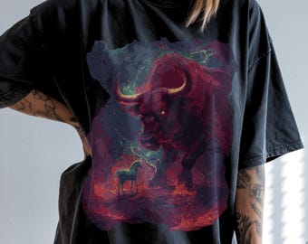 Dark Fantasy Last Unicorn Shirt, Vintage 80s Fantasy Book Fan Tshirt, Red Mythical Fire Beast Bull Tee, Fantasy Reader Gift, Gothic Unicorn