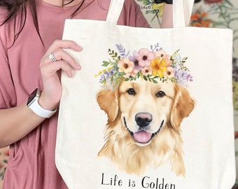 Dog Mom Tote Bag, Golden Retriever Gift, Dog Lover Gift, Golden Retriever Mom, Cotton Canvas Tote Bag, New Puppy Gift, Golden Retriever Art