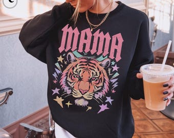 Edgy Mama Sweatshirt, Rock Inspired Mom Tiger Graphic Crewneck