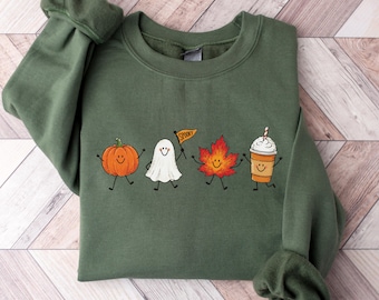 Fall Doodle Sweatshirt Cute Cozy Autumn Vibes Sweater Spooky Season Halloween Crewneck Summerween Pumpkin Ghost Fall Leaf Latte Pullover