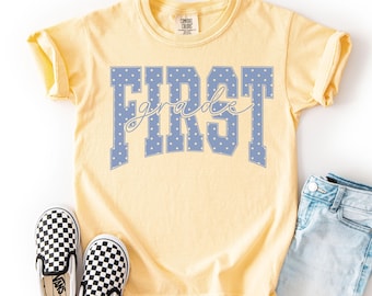 First Grade Comfort Colors® Youth Shirt Blue Polka Dots Tee Cottagecore Aesthetic Kids 1st Grader TShirt For Back to School T-shirt