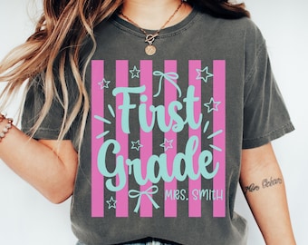 First Grade Teacher Comfort Colors® Shirt Striped Personalized Name 1st Grade TShirt Back to School Teacher Appreciation Team T-Shirt