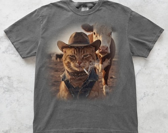 Funny Cowboy Cat T-shirt Comfort Colors® Vintage Kitty Cow Farmer Tee Gag Gift Meme Oversized Tshirt Western Cigarette Shirt For Cat Lover