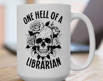 Funny Librarian Mug: Tattoo Skull & Roses Ceramic Coffee Cup