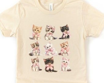 Girls Cat Shirt, Kitten Tshirt for Child, Cute Kitten Kids Tshirt, Girl Who Loves Cats Gift, Cat Lover Tshirt, Pink Bow Kittens Youth Tee