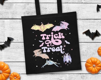 Girls Halloween Bag, Trick or Treat Bag, Pastel Trick or Treating Canvas Tote, Cute Halloween Gift, Pastel Bats, Pink Halloween Candy Bag