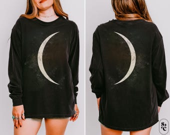 Goth Long Sleeve Shirt, Celestial Crescent Moon T-Shirt, Comfort Colors, Lunar Tshirt, Creepy Cute Tee, Mystical Witchy Shirt, Spooky Season