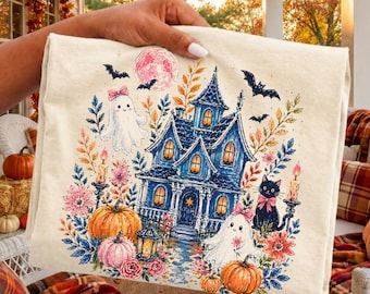 Halloween Haunted House Comfort Colors® Shirt Spooky Ghost Pumpkin Floral Cottage Tee Blue Brushstroke TShirt Fall Black Cat T-Shirt