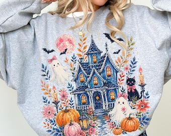 Halloween Haunted House Sweatshirt Spooky Ghost Pumpkin Floral Cottagecore Sweater Blue Brushstroke Pullover Floral Fall Black Cat Crewneck