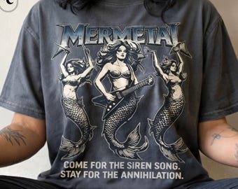 Heavy Metal Mermaid Shirt, Dark Fantasy Siren Tee, Beach Goth Aesthetic