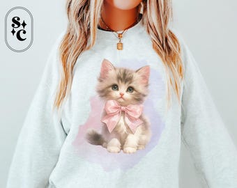 Kitten Bow Sweatshirt, Coquette Sweater, Vintage Kitten Crewneck, Sweet Baby Cat Shirt, Dollette, Pastel Goth, Cat Mom, Cat Lover Gift