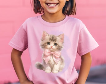 Kitten Shirt for Girl, Cute Cat Tshirt, Youth Cat T-shirt, Kids Cat Lover Tee, Birthday Girl Cat Gift, Kitten with Pink Bow, Youth Cat Shirt