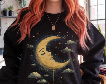 La Bella Luna Moon Sweatshirt, Vintage Celestial Crewneck, Cottagecore Sweater