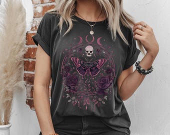 Luna Moth Shirt, Dark Cottagecore Tee, Goblincore Shirt, Gothic Floral T-shirt, Goth Tshirt, Mystical Moon Shirt, Witchy Aesthetic