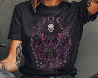 Luna Moth Shirt, Gothic Floral, Mystical Moon, Dark Cottagecore, Goblincore, Witchy Goth