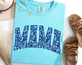 Mama Comfort Colors Shirt Custom Floral Blue Flower Tee Mom T-shirt Mother's Day From Daughter TShirt Blue Toile Spring Pregnancy Reveal