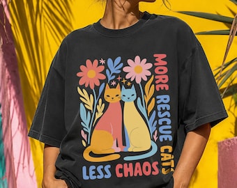 More Rescue Cats Less Chaos T-Shirt | Whimsical Cat Lover Tee | Adorable Pet Adoption Shirt | Retro Floral Kitty Mama Gift