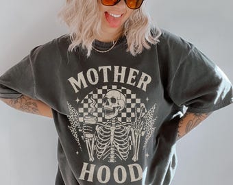 Mother Hood Skeleton Shirt, Funny Mom Life Tee, Coffee & Chaos Comfort Colors T-Shirt, Edgy Mom Shirt