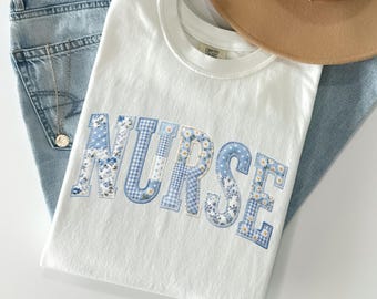 Nurse FAUX Patchwork Comfort Colors Shirt Blue Floral Nurse Tee Quilted Aesthetic Nurse TShirt PICU Healthcare Worker Gift RN Nurse T-Shirt