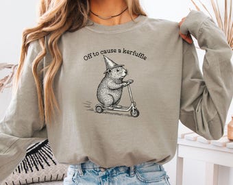 Off To Cause A Kerfuffle Comfort Colors Long Sleeve Shirt Funny Groundhog Scooter Tshirt Animal Mental Health Tee Humor Sarcastic T-Shirt