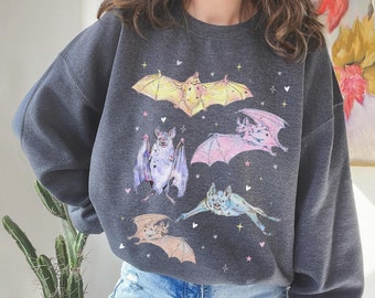 Pastel Halloween Bat Sweatshirt, Whimsigoth Sweater, Spooky Girly, Creepy Cute Crewneck, Goblincore, Pastel Goth Clothes, Pink Halloween