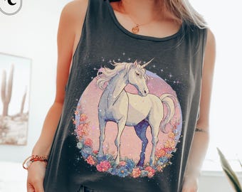Pastel Unicorn Tank Top, Vintage Fantasy Graphic on Comfort Colors Unisex Shirt