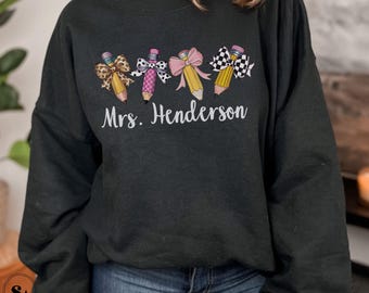 Personalized Teacher Sweatshirt, Custom Name Teacher Sweater, Cute Womens Teacher Crewneck, Teacher Appreciation Gift, Teacher Mrs Shirt