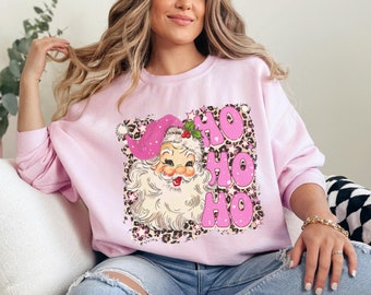 Pink Santa Sweatshirt, Ho Ho Ho Sweater, Vintage Santa Crewneck, Womens Christmas Sweatshirt, Cute Retro Xmas Sweater, Leopard Christmas
