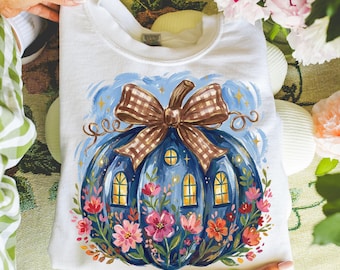 Pumpkin Sweatshirt Halloween Spooky Season Vintage Autumn Sweater Blue Floral Cottagecore Crewneck Retro Flower Bow Fall Cozy Pullover